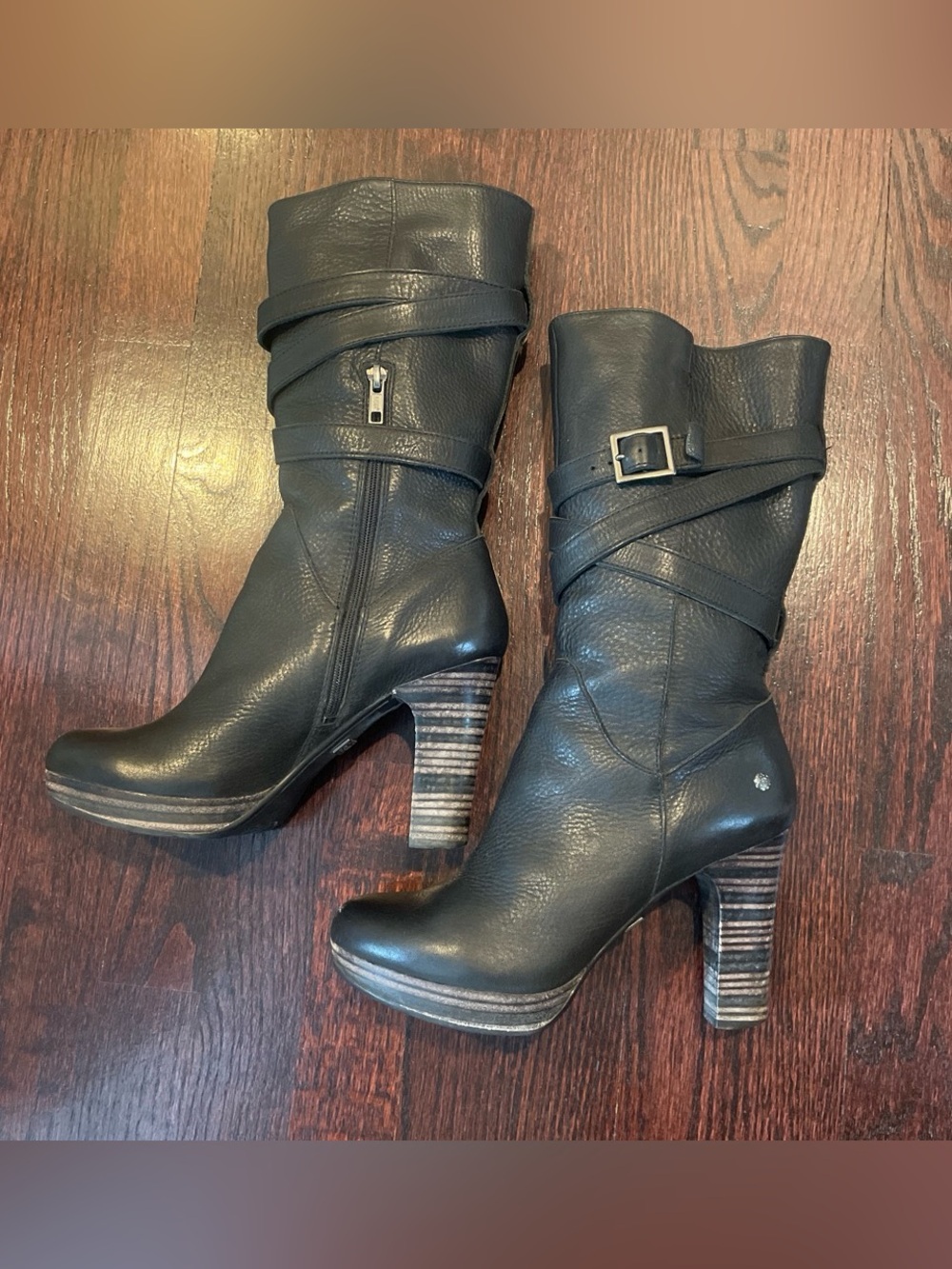 UGG Black Leather Stacked Heel Mid-Calf Boots with Wrap Strap